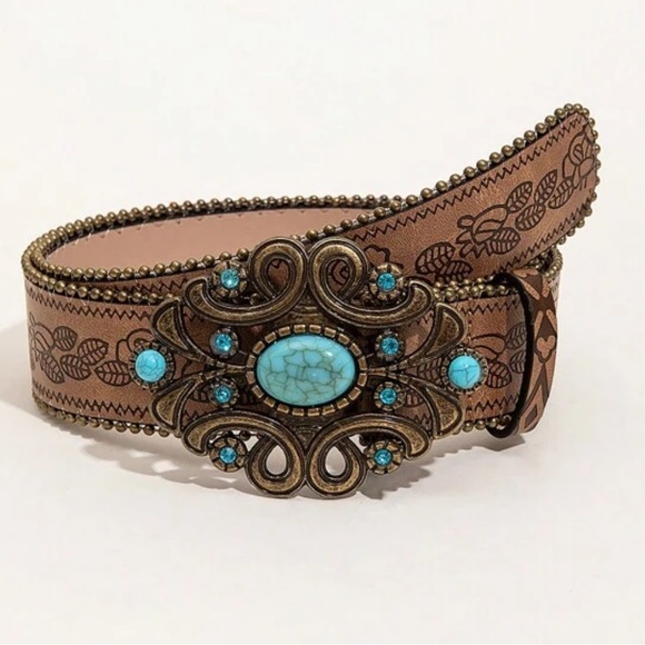 Boutique Accessories - NEW| 1pc Western Boho Style Vintage Leaf Pattern Brown Belt With Beads
